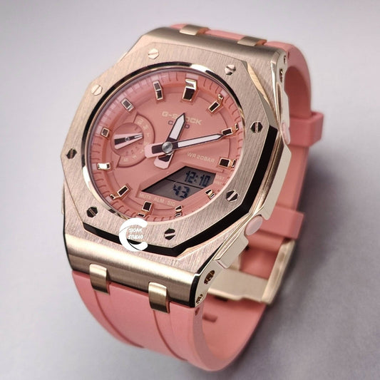 Casioak Mod Watch Offshore Superior Rose Gold Case Pink Rubber Strap Pink Rose Gold Time Mark Pink Dial 42mm- Casioak Mod Casio G-Shock Royal Oak Custom Mens Luxury Watches Ga2100