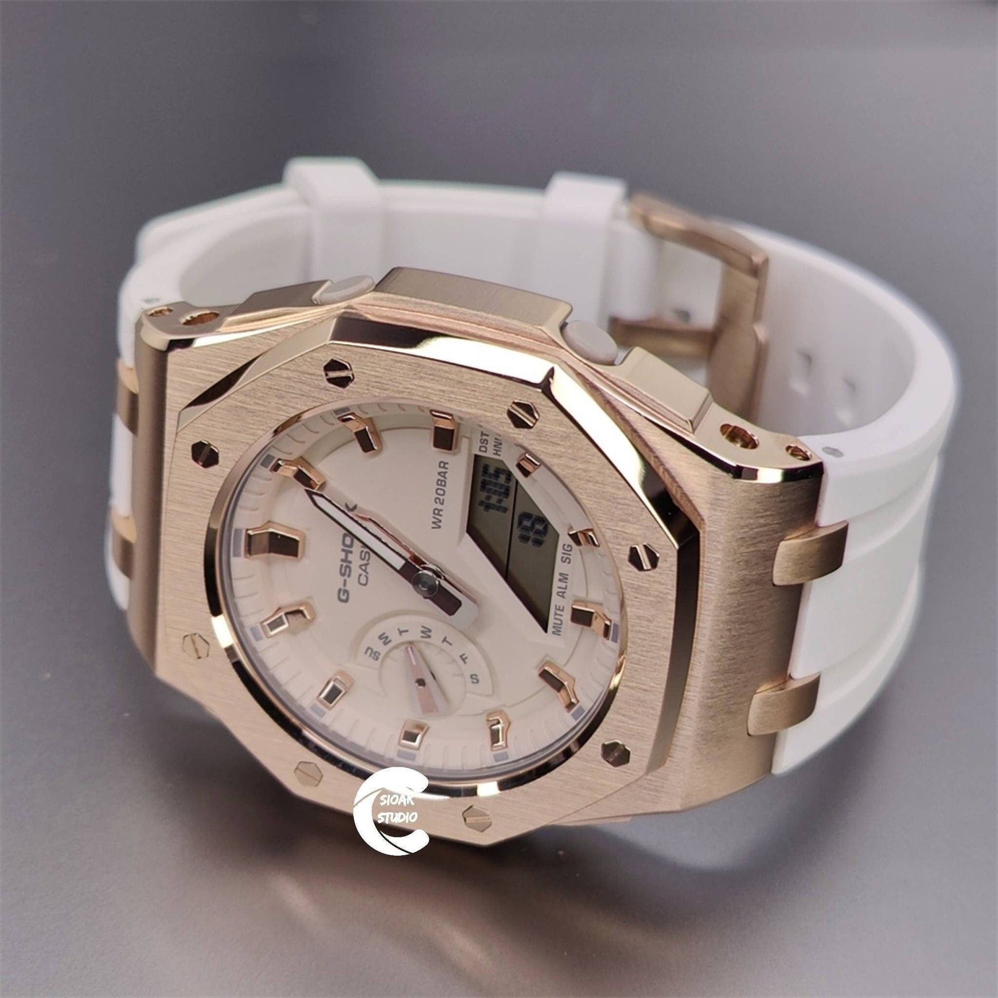 Casioak Mod Watch Offshore Superior Rose Gold Case White Rubber Strap Beige Rose Gold Time Mark Beige Dial 42mm- Casioak Mod Casio G-Shock Royal Oak Custom Mens Luxury Watches Ga2100