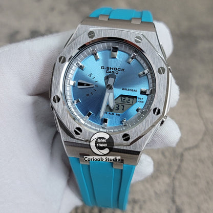 Casioak Mod Watch Offshore Superior Rose Silver Case Tiff Blue Rubber Strap Silver Time Mark Ice Blue Dial 44mm- Casioak Mod Casio G-Shock Royal Oak Custom Mens Luxury Watches Ga2100