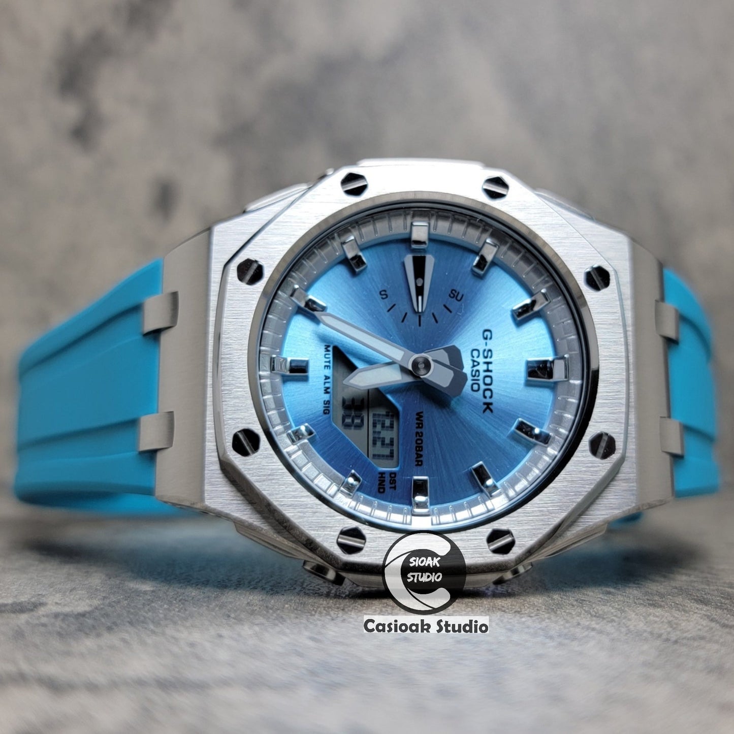 Casioak Mod Watch Offshore Superior Rose Silver Case Tiff Blue Rubber Strap Silver Time Mark Ice Blue Dial 44mm- Casioak Mod Casio G-Shock Royal Oak Custom Mens Luxury Watches Ga2100