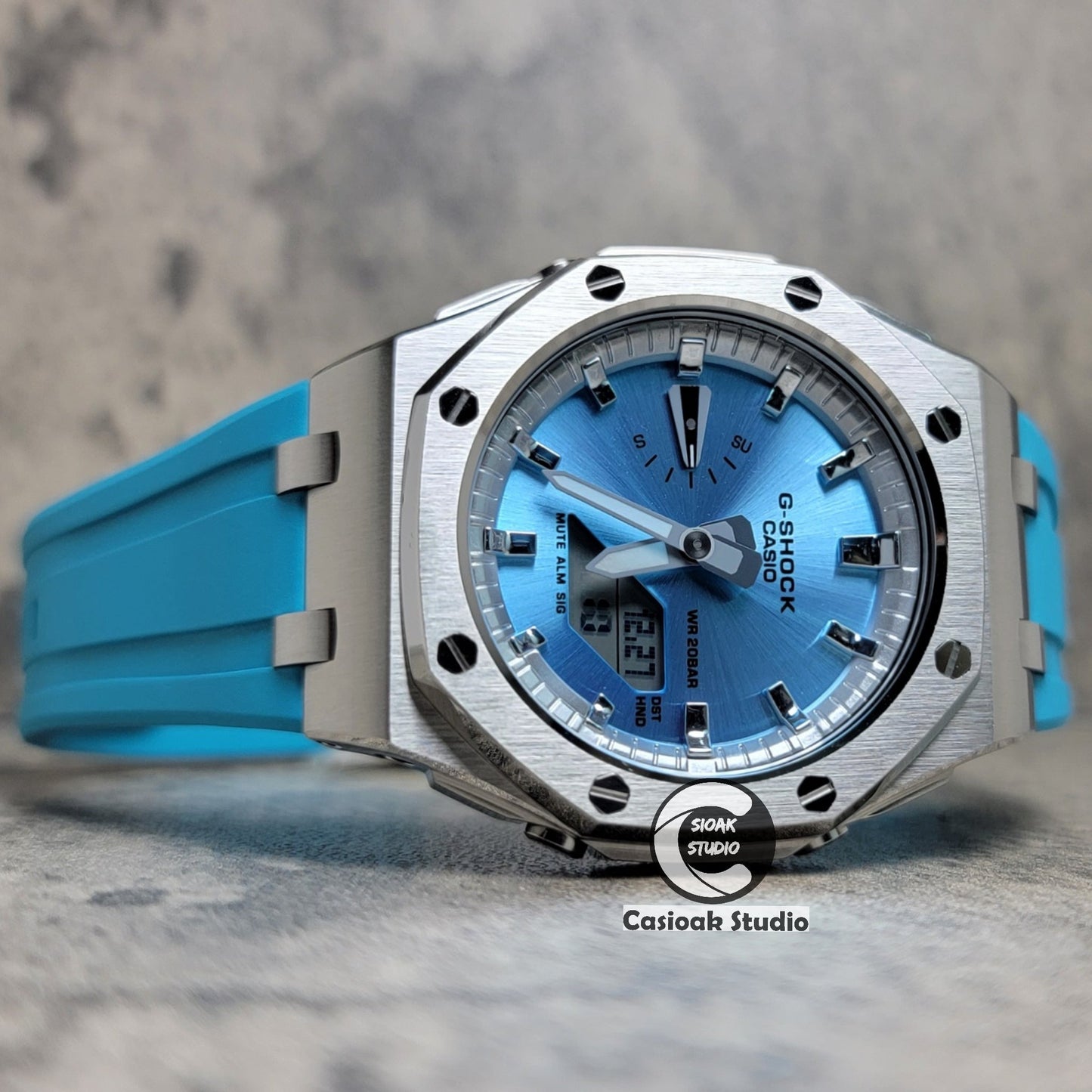 Casioak Mod Watch Offshore Superior Rose Silver Case Tiff Blue Rubber Strap Silver Time Mark Ice Blue Dial 44mm- Casioak Mod Casio G-Shock Royal Oak Custom Mens Luxury Watches Ga2100