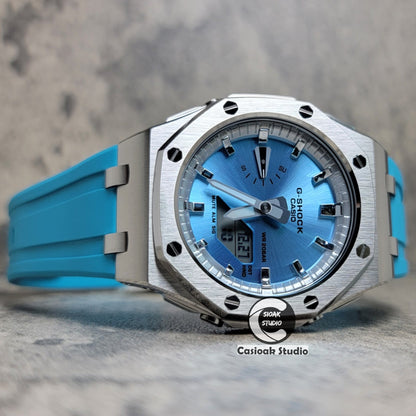 Casioak Mod Watch Offshore Superior Rose Silver Case Tiff Blue Rubber Strap Silver Time Mark Ice Blue Dial 44mm- Casioak Mod Casio G-Shock Royal Oak Custom Mens Luxury Watches Ga2100