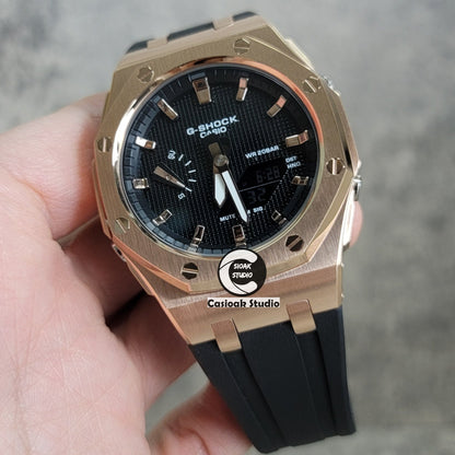 Casioak Mod Watch Offshore Superior Rosegold Case Black Rubber Strap Black Rosegold Time Mark Black Waffle Dial 44mm- Casioak Mod Casio G-Shock Royal Oak Custom Mens Luxury Watches Ga2100