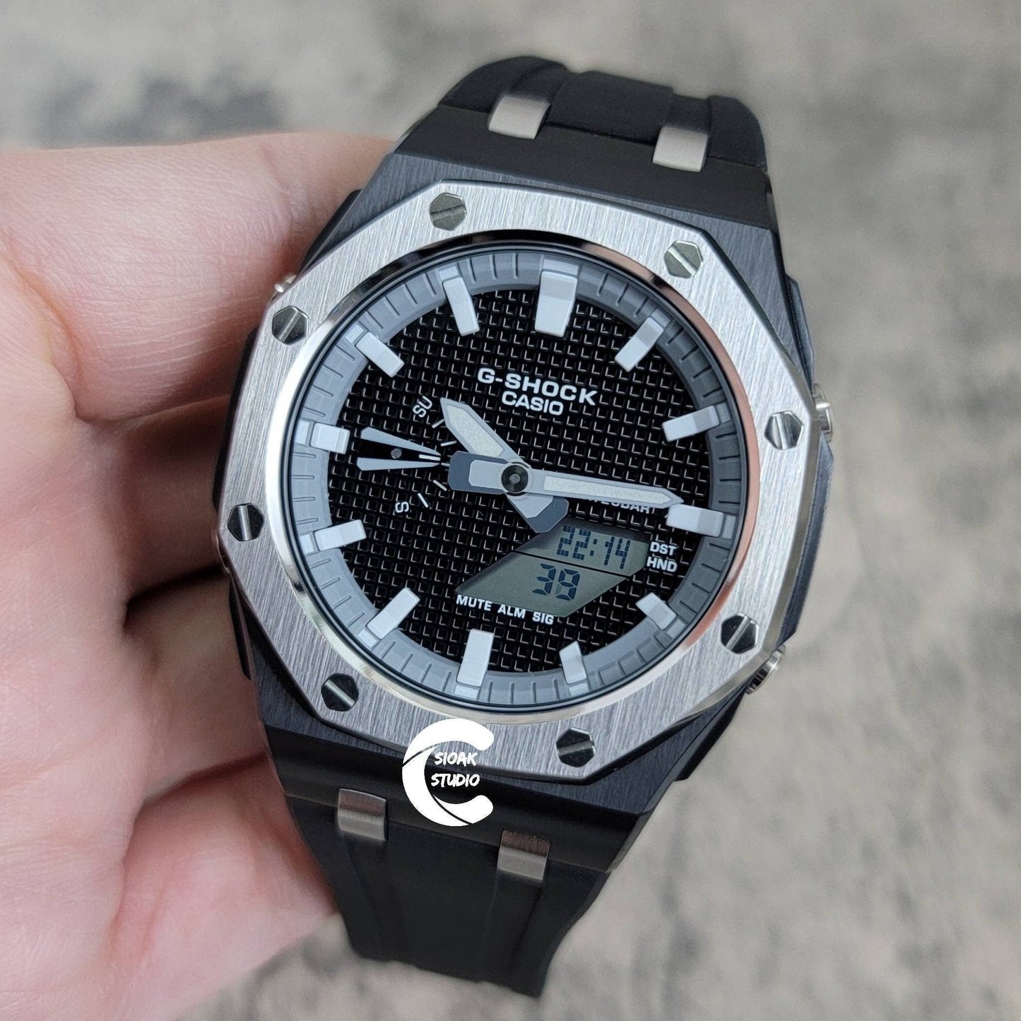 Casioak Mod Watch Offshore Superior Silver Black Case Black Rubber Strap Gray White Time Mark Black Waffle Dial 44mm- Casioak Mod Casio G-Shock Royal Oak Custom Mens Luxury Watches Ga2100