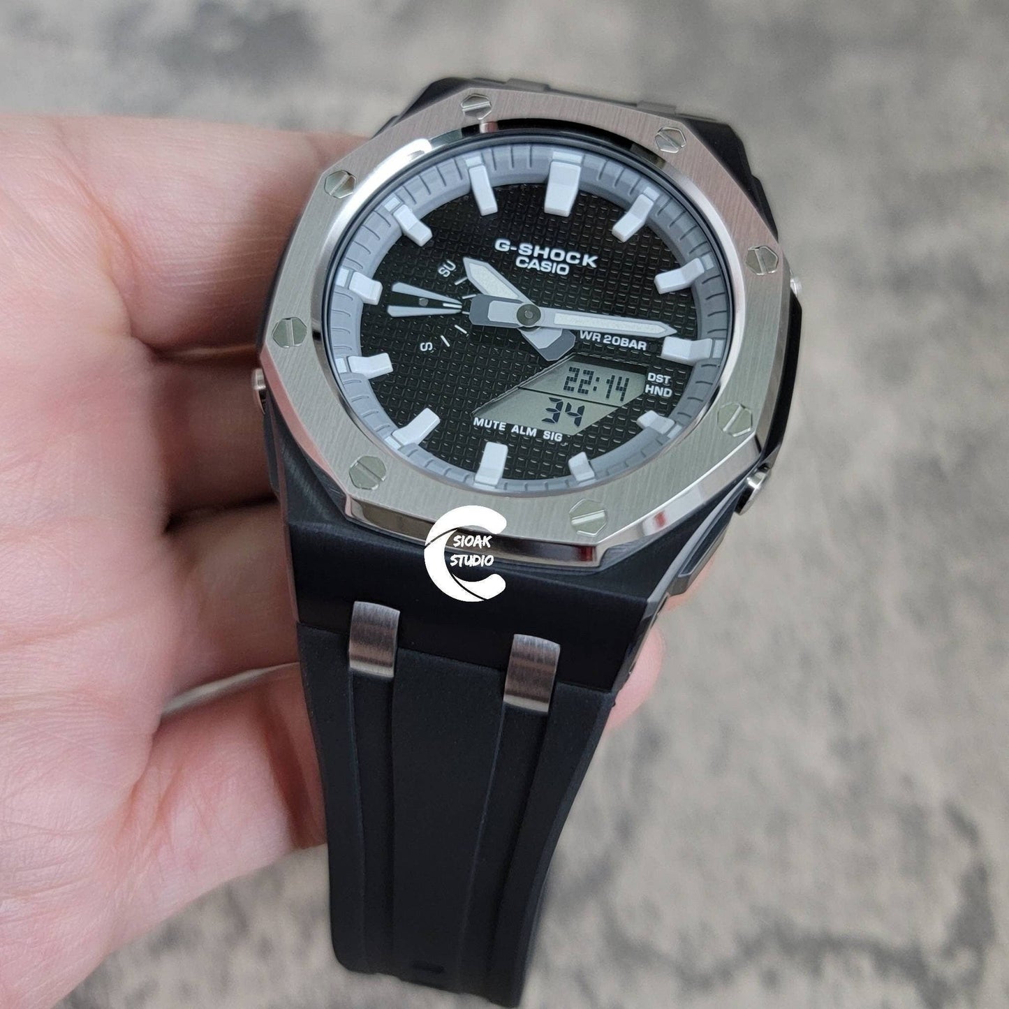 Casioak Mod Watch Offshore Superior Silver Black Case Black Rubber Strap Gray White Time Mark Black Waffle Dial 44mm- Casioak Mod Casio G-Shock Royal Oak Custom Mens Luxury Watches Ga2100