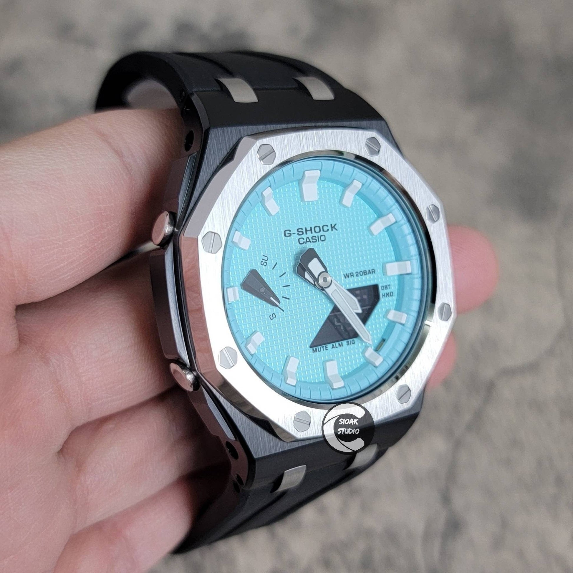 Casioak Mod Watch Offshore Superior Silver Black Case Black Rubber Strap Tiff White Time Mark Tiff Blue Dial 44mm- Casioak Mod Casio G-Shock Royal Oak Custom Mens Luxury Watches Ga2100