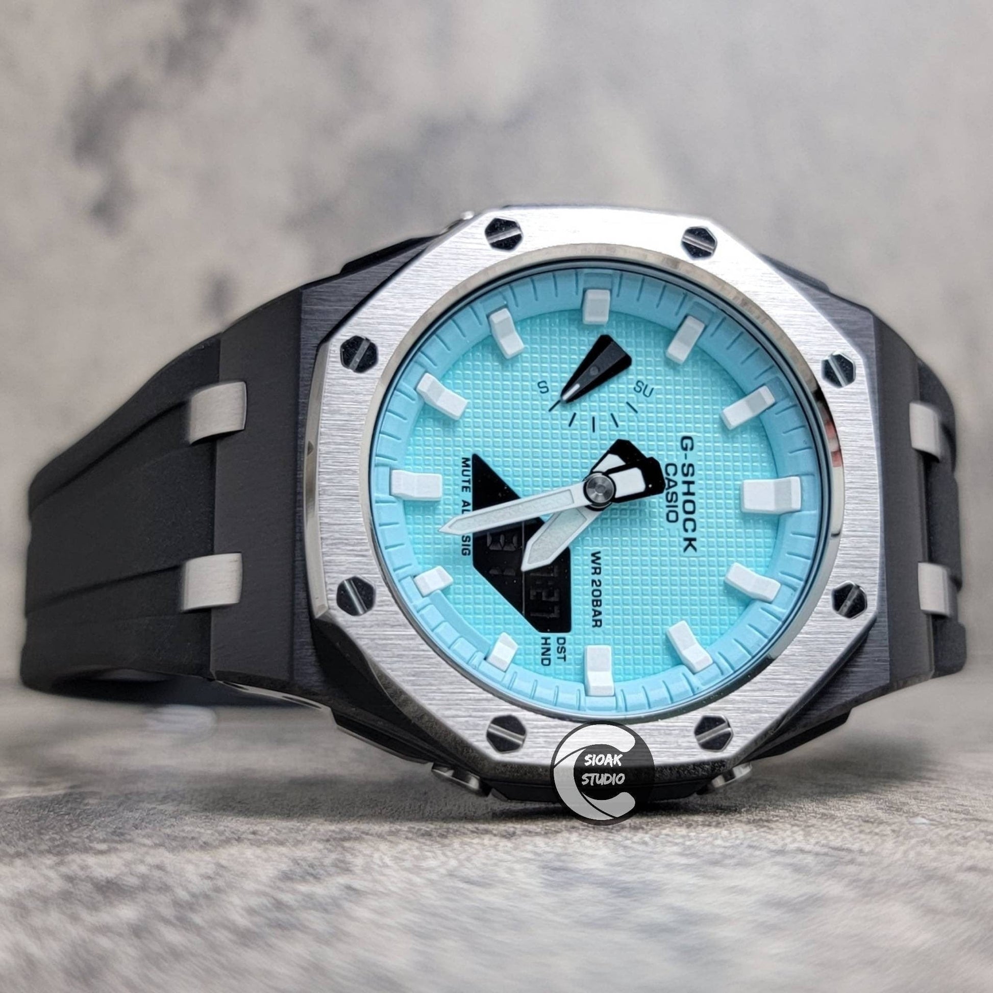 Casioak Mod Watch Offshore Superior Silver Black Case Black Rubber Strap Tiff White Time Mark Tiff Blue Dial 44mm- Casioak Mod Casio G-Shock Royal Oak Custom Mens Luxury Watches Ga2100