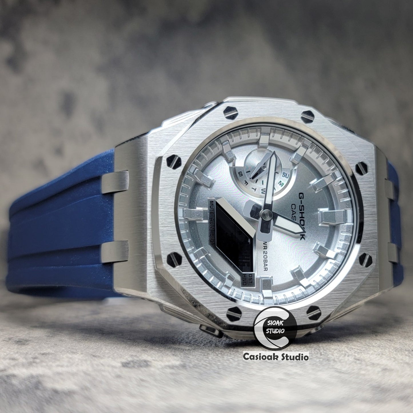 Casioak Mod Watch Offshore Superior Silver Case Blue Rubber Rubber Strap Silver Time Mark Silver Dial 44mm- Casioak Mod Casio G-Shock Royal Oak Custom Mens Luxury Watches Ga2100