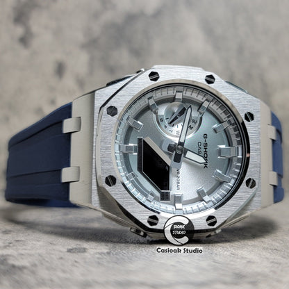 Casioak Mod Watch Offshore Superior Silver Case Blue Rubber Rubber Strap Silver Time Mark Silver Dial 44mm- Casioak Mod Casio G-Shock Royal Oak Custom Mens Luxury Watches Ga2100