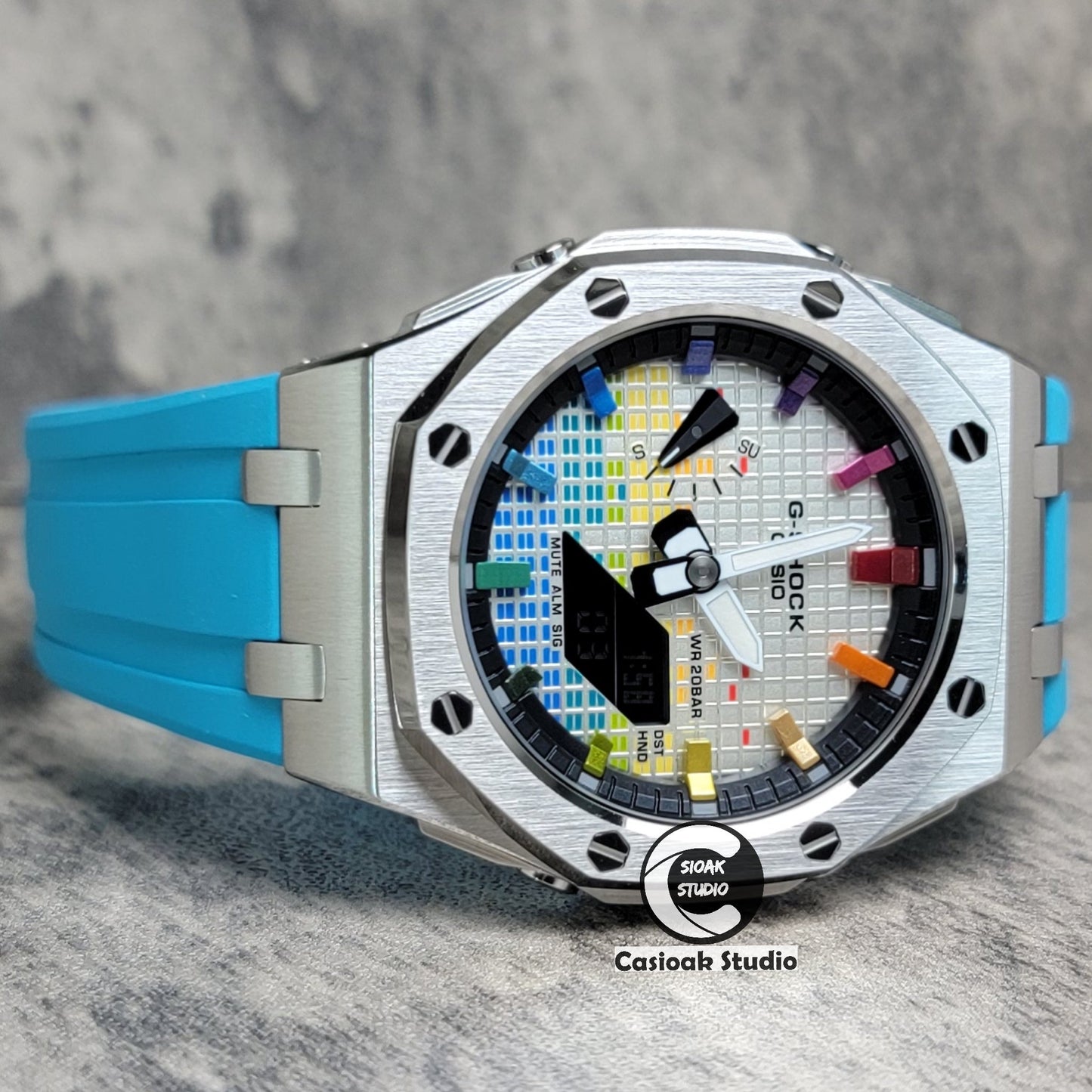 Casioak Mod Watch Offshore Superior Silver Case Blue Rubber Strap Black Rainbow Time Mark Music Dial 44mm- Casioak Mod Casio G-Shock Royal Oak Custom Mens Luxury Watches Ga2100