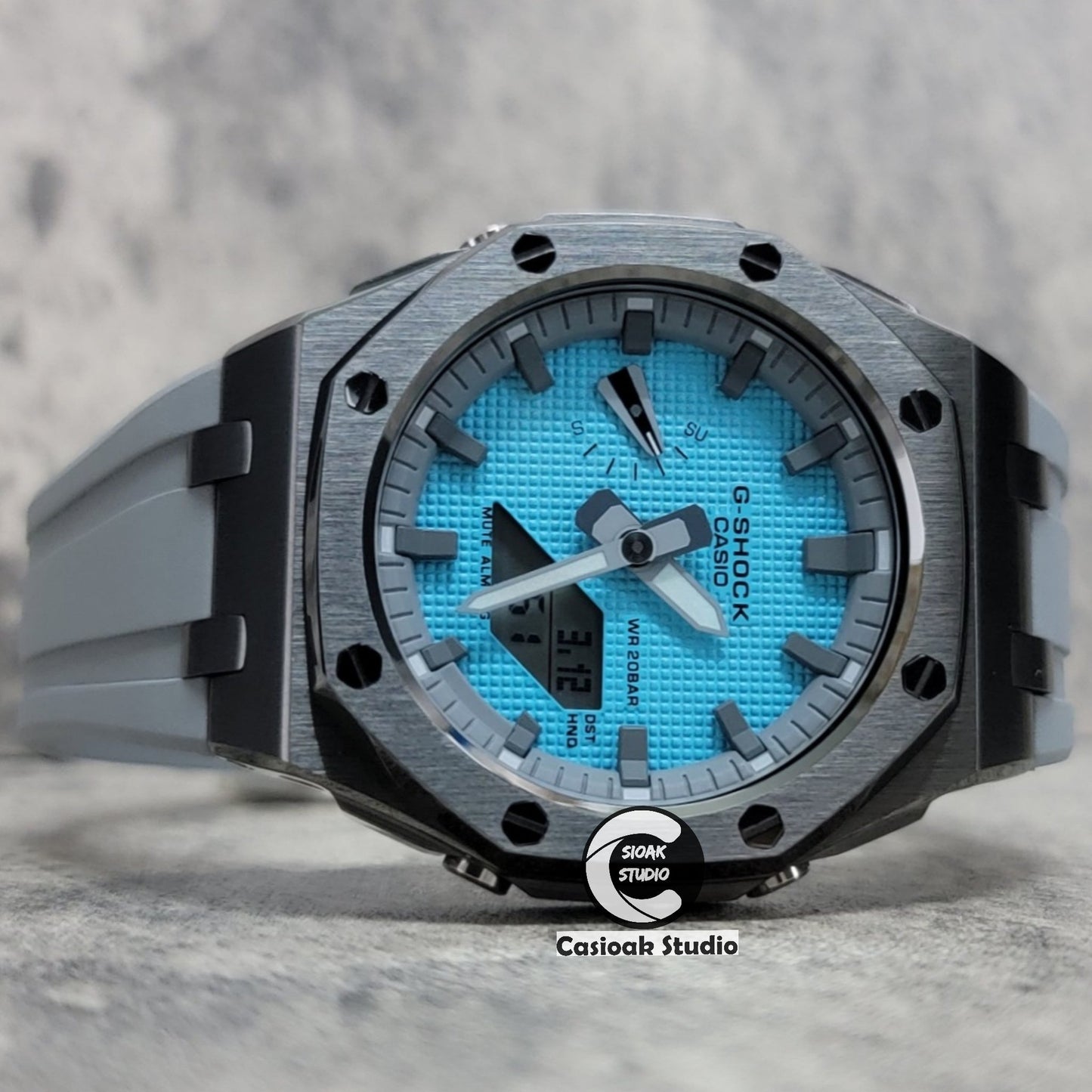 Casioak Mod Watch Offshore Superior Silver Case Blue Rubber Strap Tiff White Time Mark Tiff Blue Dial 44mm- Casioak Mod Casio G-Shock Royal Oak Custom Mens Luxury Watches Ga2100