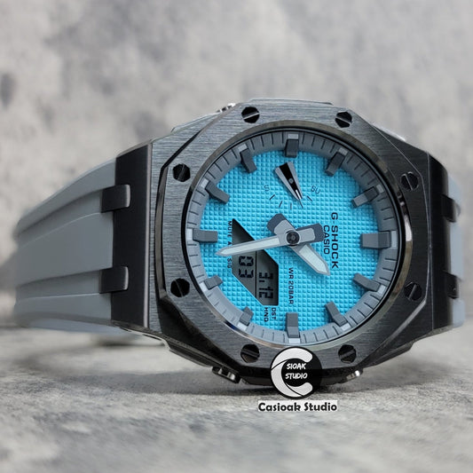 Casioak Mod Watch Offshore Superior Silver Case Blue Rubber Strap Tiff White Time Mark Tiff Blue Dial 44mm- Casioak Mod Casio G-Shock Royal Oak Custom Mens Luxury Watches Ga2100