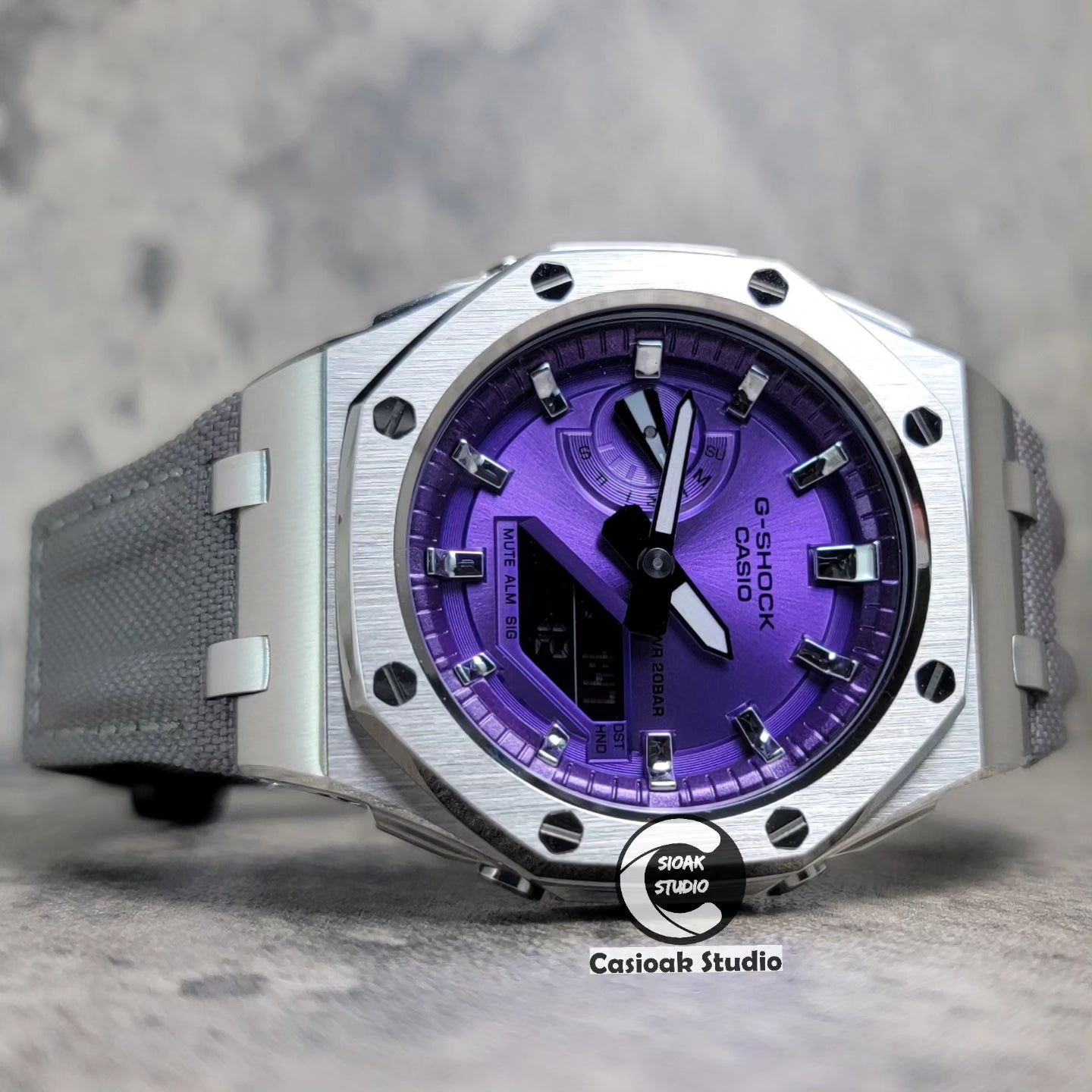 Casioak Mod Watch Offshore Superior Silver Case Gray Canvas Strap Purple Silver Time Mark Purple Dial 44mm- Casioak Mod Casio G-Shock Royal Oak Custom Mens Luxury Watches Ga2100