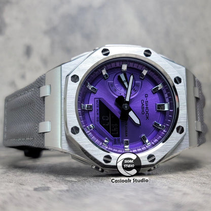 Casioak Mod Watch Offshore Superior Silver Case Gray Canvas Strap Purple Silver Time Mark Purple Dial 44mm- Casioak Mod Casio G-Shock Royal Oak Custom Mens Luxury Watches Ga2100