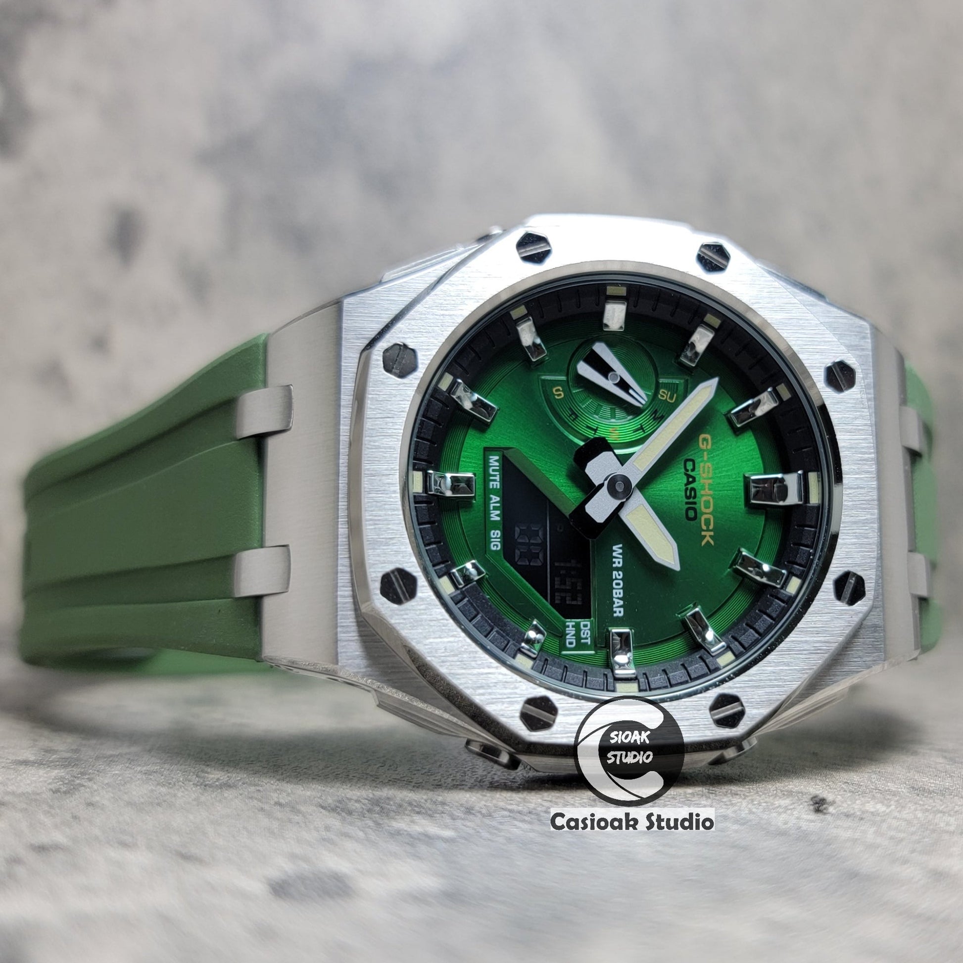 Casioak Mod Watch Offshore Superior Silver Case Green Rubber Strap Black Silver Time Mark Green Dial 44mm- Casioak Mod Casio G-Shock Royal Oak Custom Mens Luxury Watches Ga2100