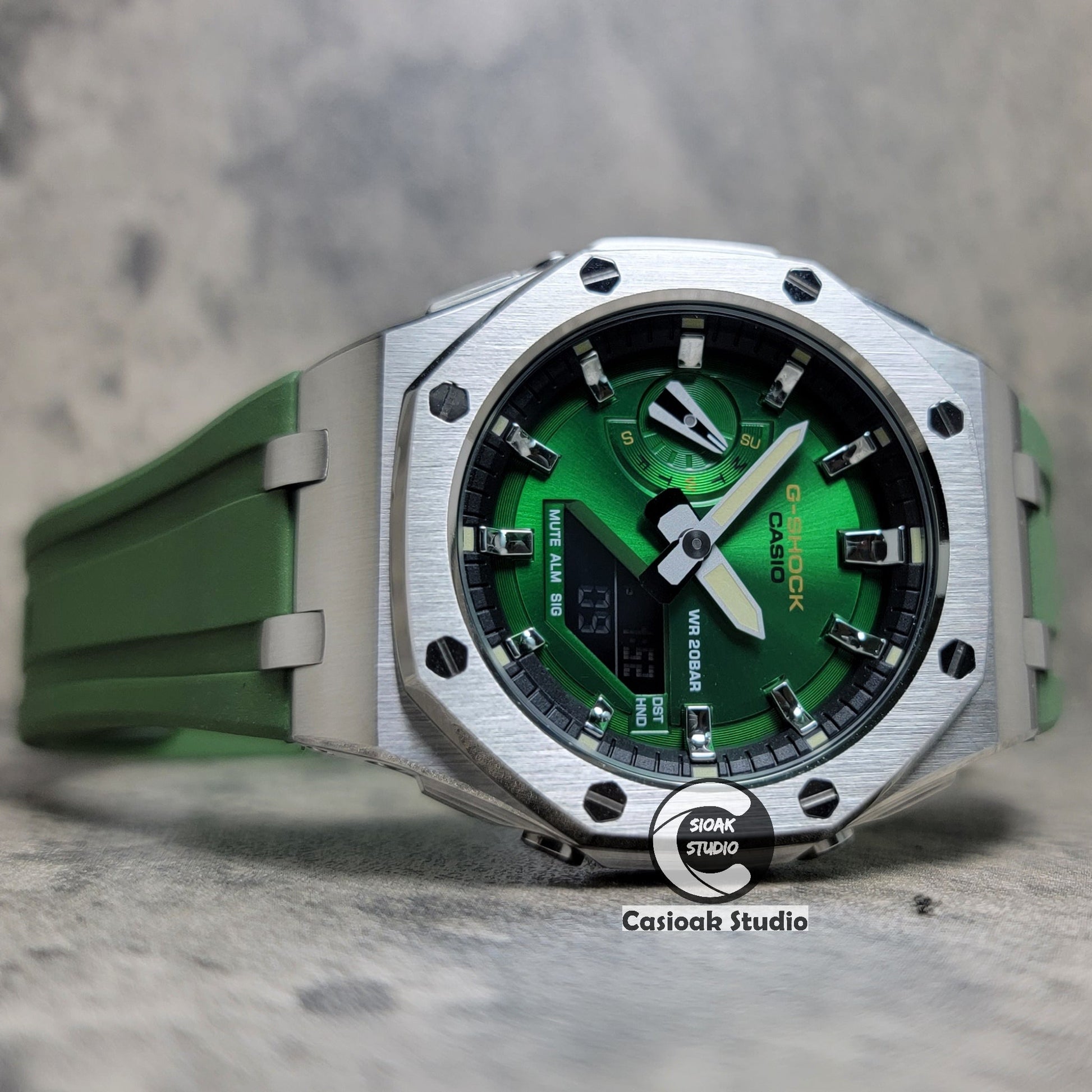 Casioak Mod Watch Offshore Superior Silver Case Green Rubber Strap Black Silver Time Mark Green Dial 44mm- Casioak Mod Casio G-Shock Royal Oak Custom Mens Luxury Watches Ga2100