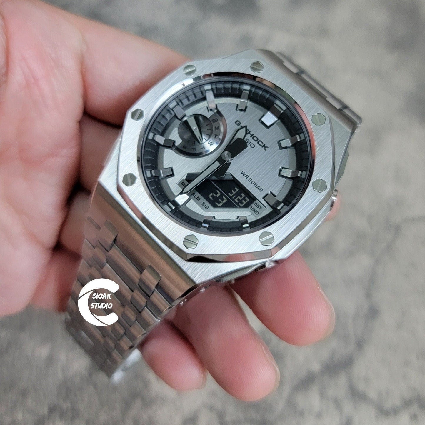 Casioak Mod Watch Offshore Superior Silver Case Metal Strap Black Gray Time Mark Gray Dial 44mm- Casioak Mod Casio G-Shock Royal Oak Custom Mens Luxury Watches Ga2100