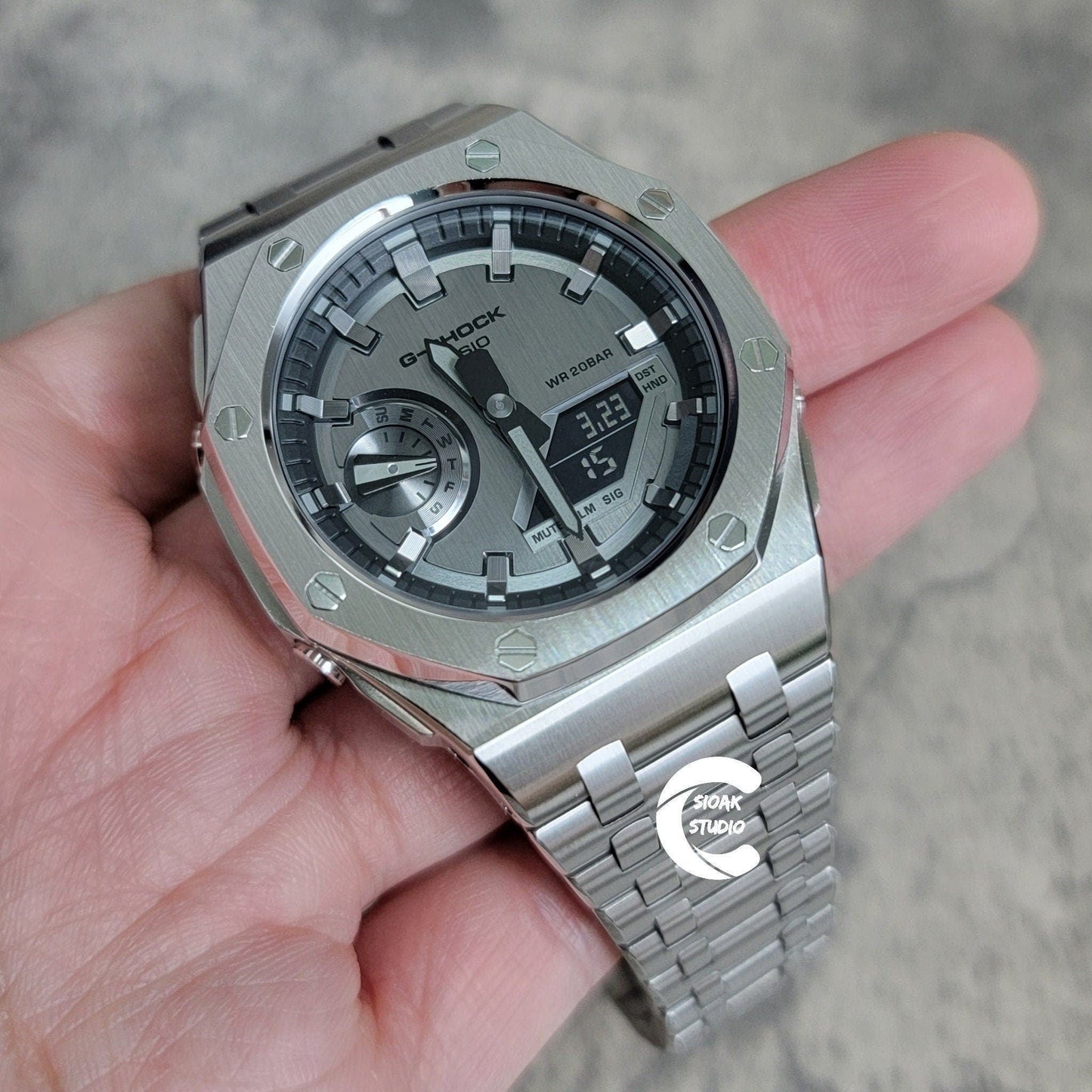 Casioak Mod Watch Offshore Superior Silver Case Metal Strap Black Gray Time Mark Gray Dial 44mm- Casioak Mod Casio G-Shock Royal Oak Custom Mens Luxury Watches Ga2100