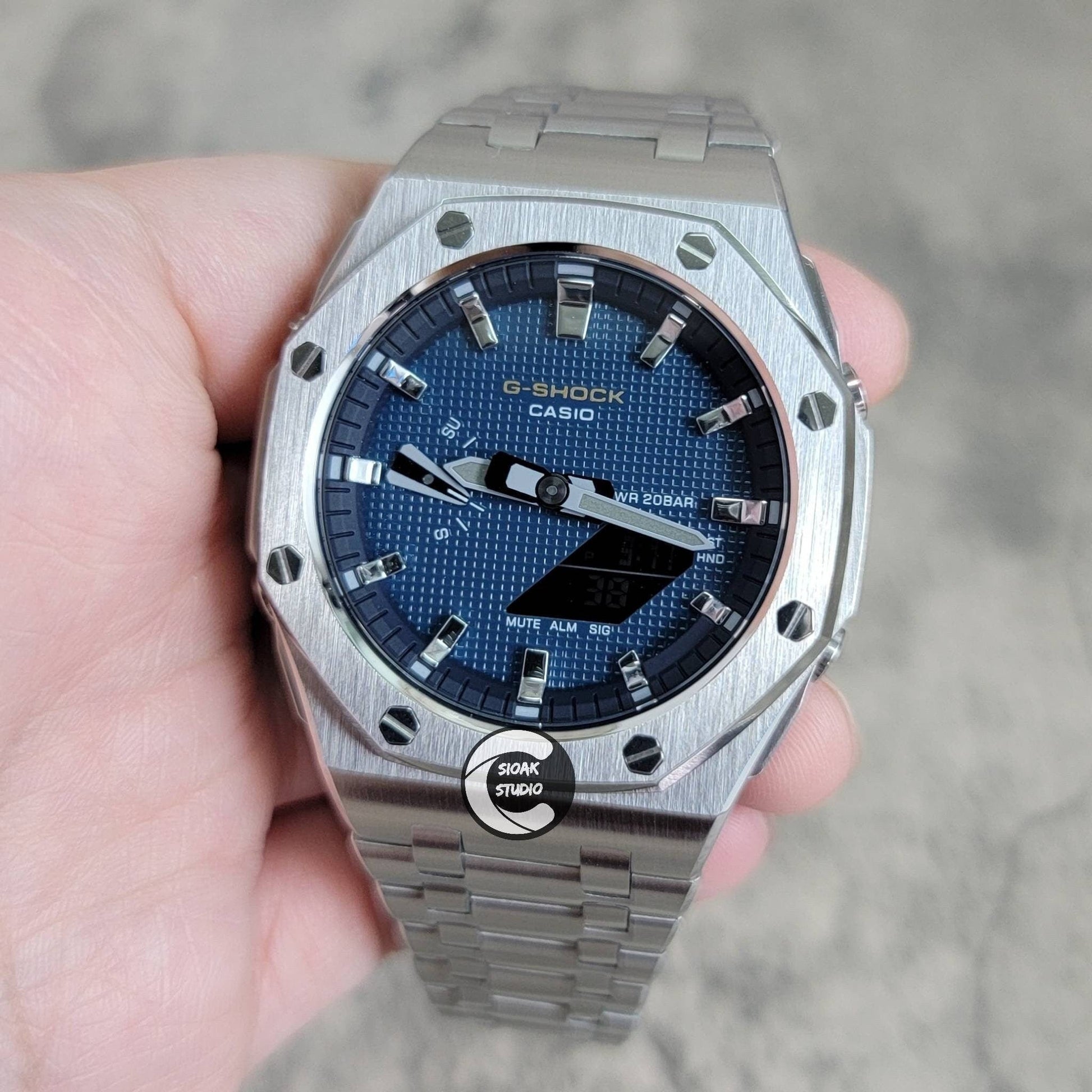 Casioak Mod Watch Offshore Superior Silver Case Metal Strap Blue Silver Time Mark Blue Waffle Dial 44mm- Casioak Mod Casio G-Shock Royal Oak Custom Mens Luxury Watches Ga2100