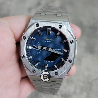 Casioak Mod Watch Offshore Superior Silver Case Metal Strap Blue Silver Time Mark Blue Waffle Dial 44mm- Casioak Mod Casio G-Shock Royal Oak Custom Mens Luxury Watches Ga2100