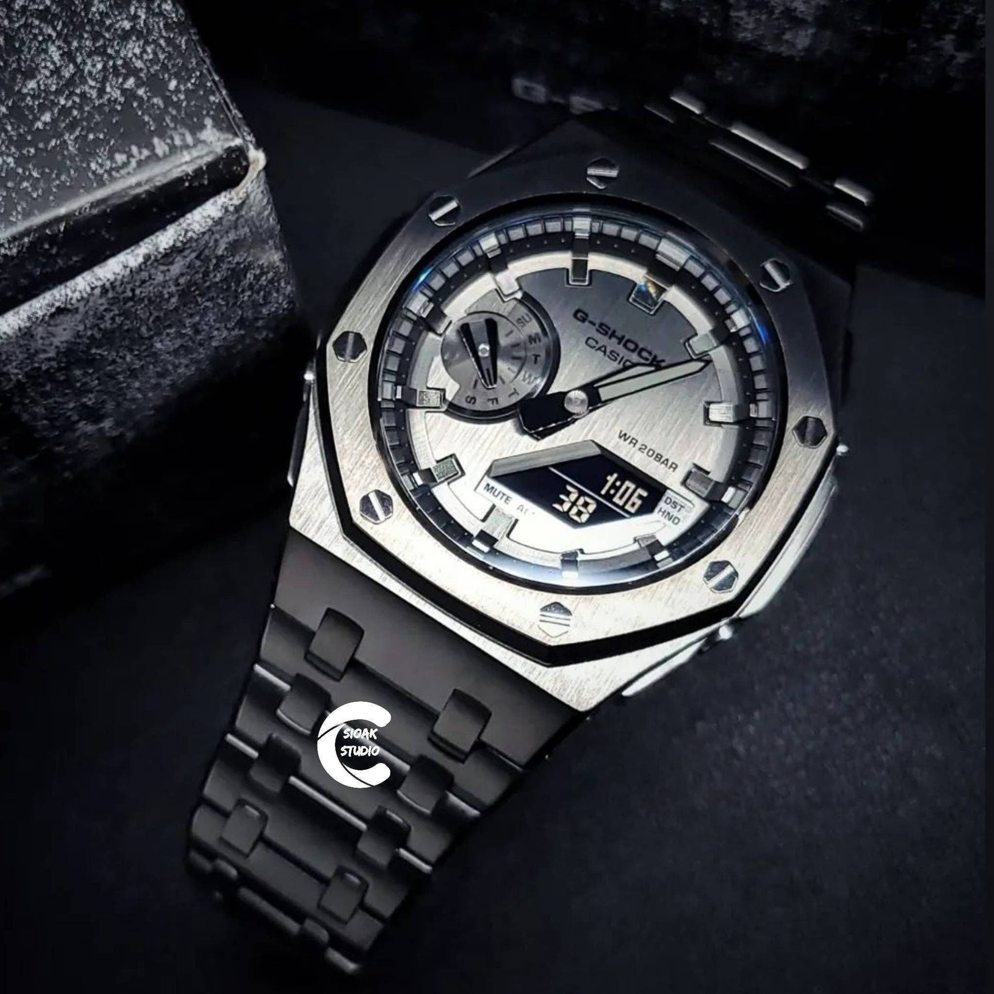 Casioak Mod Watch Offshore Superior Silver Case Metal Strap Gray Silver Time Mark Gray Dial 44mm- Casioak Mod Casio G-Shock Royal Oak Custom Mens Luxury Watches Ga2100