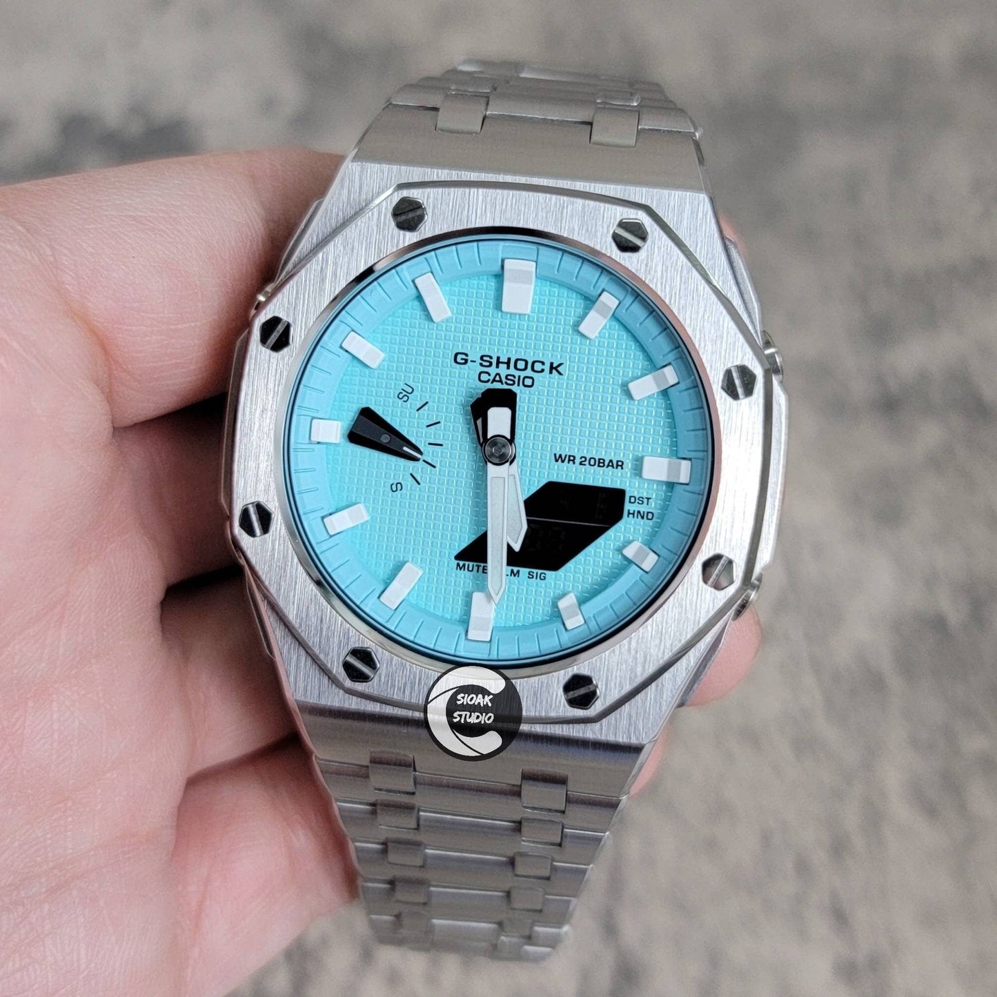 Casioak Mod Watch Offshore Superior Silver Case Metal Strap Tiff White Time Mark Tiff Blue Dial 44mm- Casioak Mod Casio G-Shock Royal Oak Custom Mens Luxury Watches Ga2100