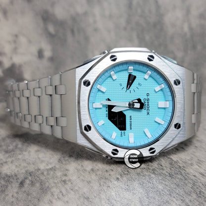 Casioak Mod Watch Offshore Superior Silver Case Metal Strap Tiff White Time Mark Tiff Blue Dial 44mm- Casioak Mod Casio G-Shock Royal Oak Custom Mens Luxury Watches Ga2100