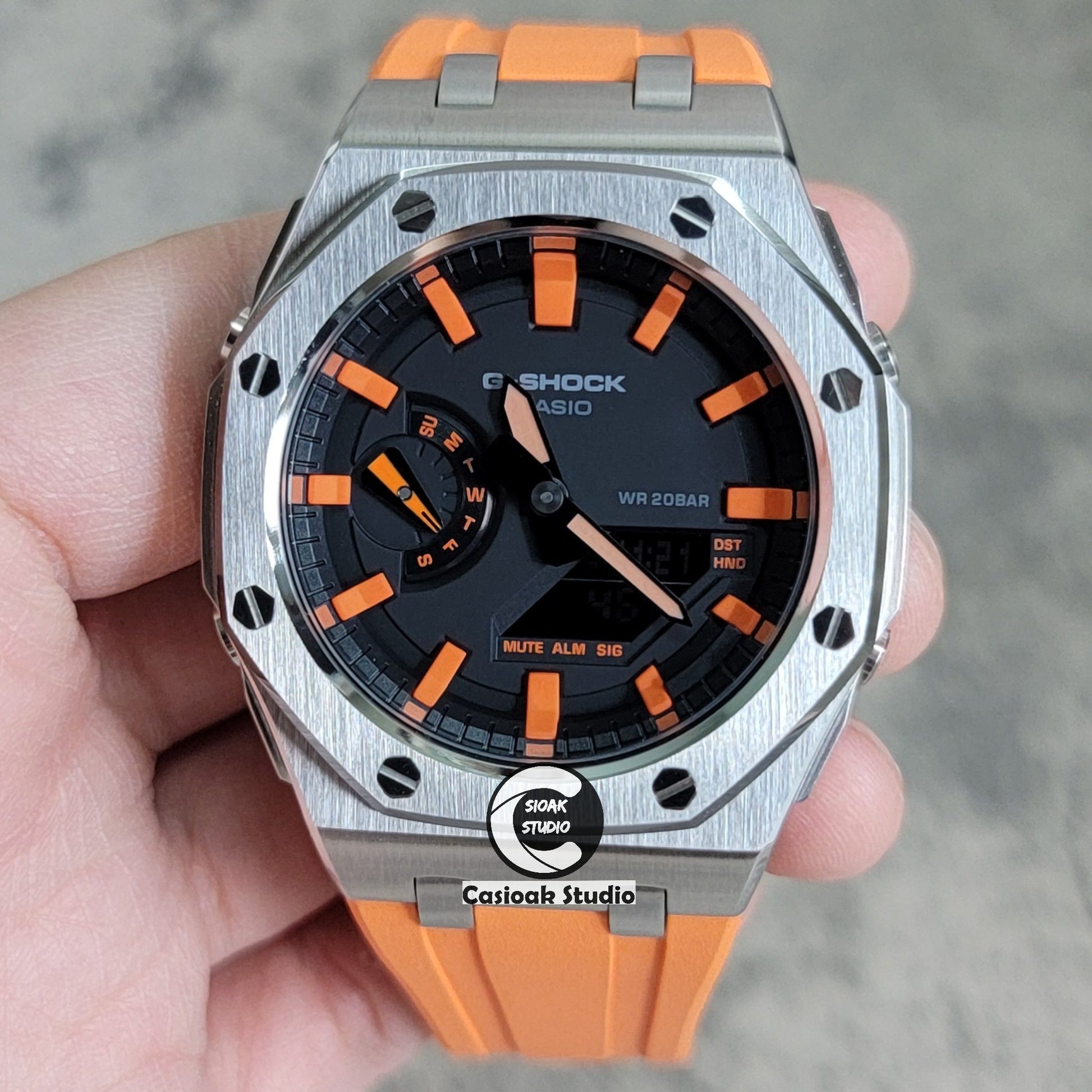 Casioak Mod Watch Offshore Superior Silver Case Orange Rubber Strap Black Orange Time Mark Black Dial 44mm- Casioak Mod Casio G-Shock Royal Oak Custom Mens Luxury Watches Ga2100