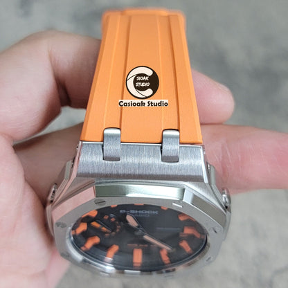 Casioak Mod Watch Offshore Superior Silver Case Orange Rubber Strap Black Orange Time Mark Black Dial 44mm- Casioak Mod Casio G-Shock Royal Oak Custom Mens Luxury Watches Ga2100