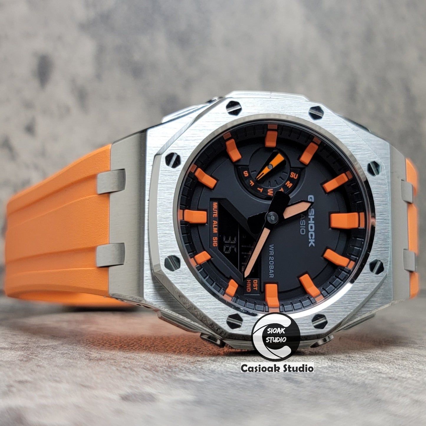 Casioak Mod Watch Offshore Superior Silver Case Orange Rubber Strap Black Orange Time Mark Black Dial 44mm- Casioak Mod Casio G-Shock Royal Oak Custom Mens Luxury Watches Ga2100