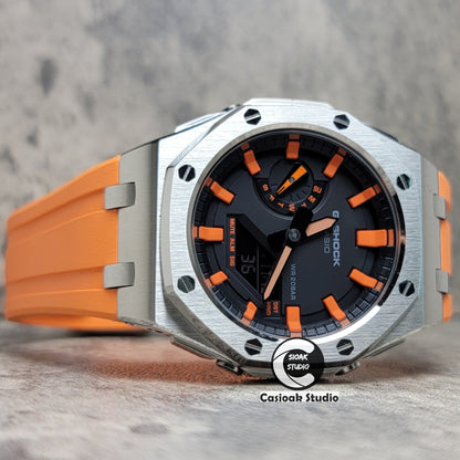 Casioak Mod Watch Offshore Superior Silver Case Orange Rubber Strap Black Orange Time Mark Black Dial 44mm- Casioak Mod Casio G-Shock Royal Oak Custom Mens Luxury Watches Ga2100