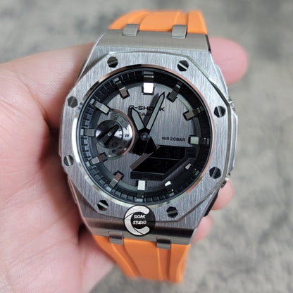 Casioak Mod Watch Offshore Superior Silver Case Orange Rubber Strap Gray Time Mark Gray Dial GM 44mm- Casioak Mod Casio G-Shock Royal Oak Custom Mens Luxury Watches Ga2100