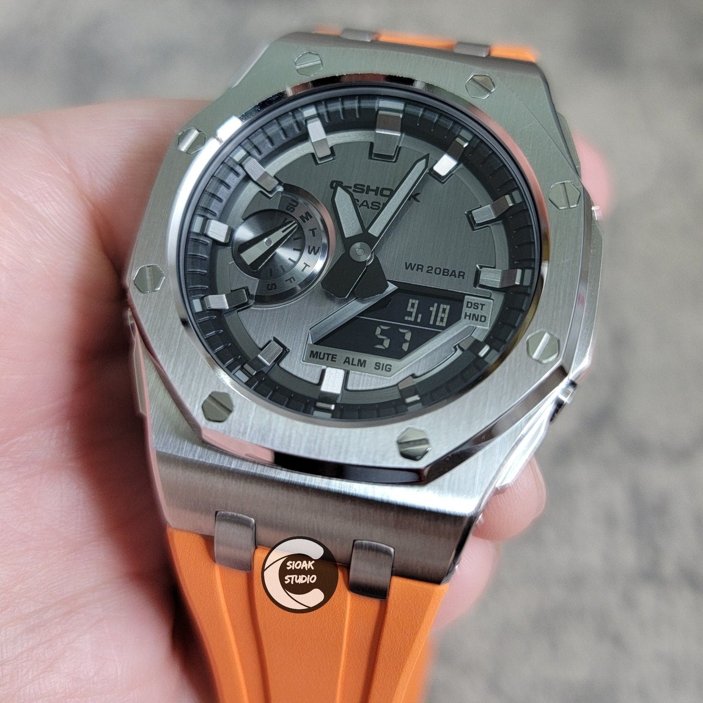 Casioak Mod Watch Offshore Superior Silver Case Orange Rubber Strap Gray Time Mark Gray Dial GM 44mm- Casioak Mod Casio G-Shock Royal Oak Custom Mens Luxury Watches Ga2100