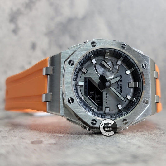 Casioak Mod Watch Offshore Superior Silver Case Orange Rubber Strap Gray Time Mark Gray Dial GM 44mm- Casioak Mod Casio G-Shock Royal Oak Custom Mens Luxury Watches Ga2100