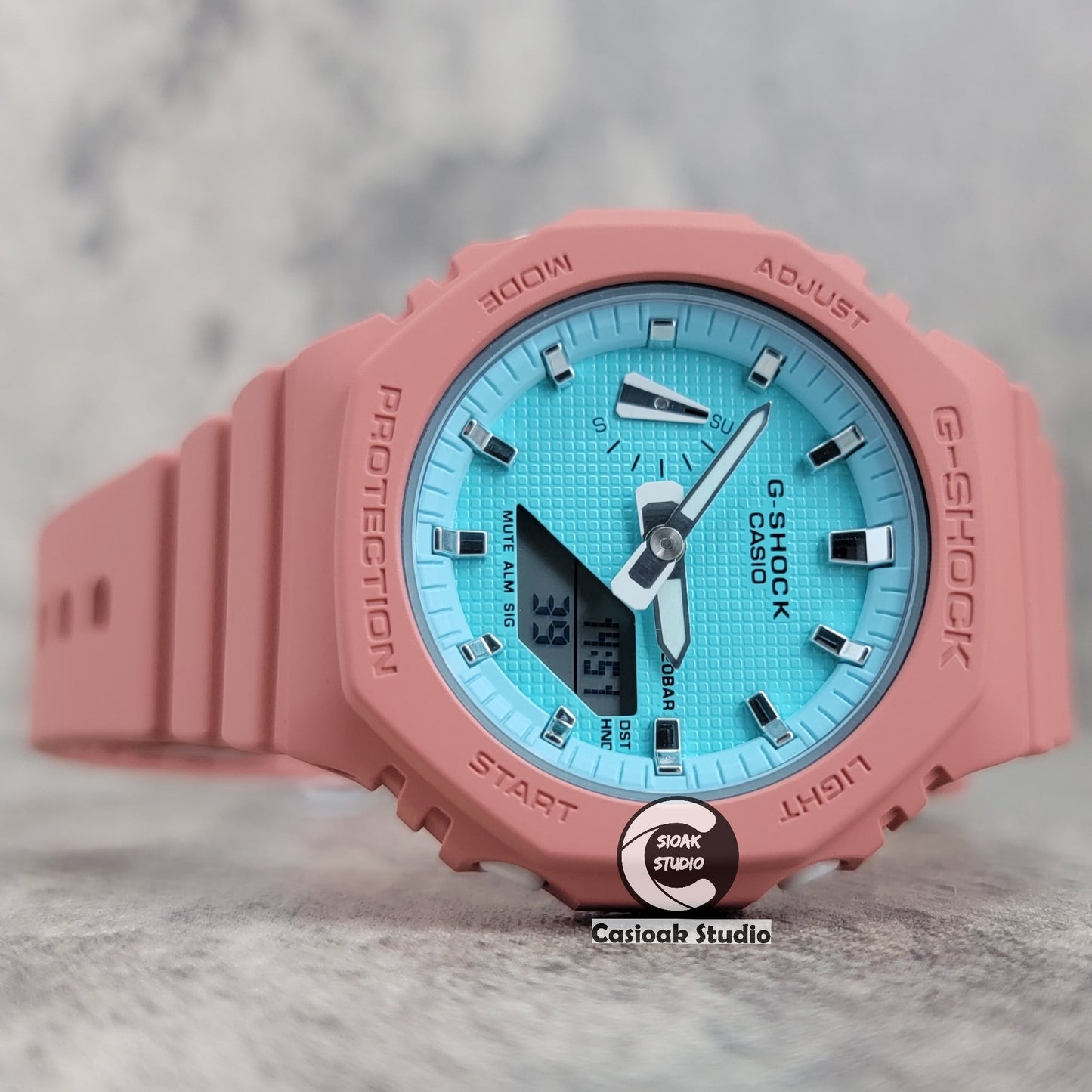 Casioak Mod Watch Pink Case Plastic Strap Tiff Silver Time Mark Tiff Blue Dial 42mm- Casioak Mod Casio G-Shock Royal Oak Custom Mens Luxury Watches Ga2100