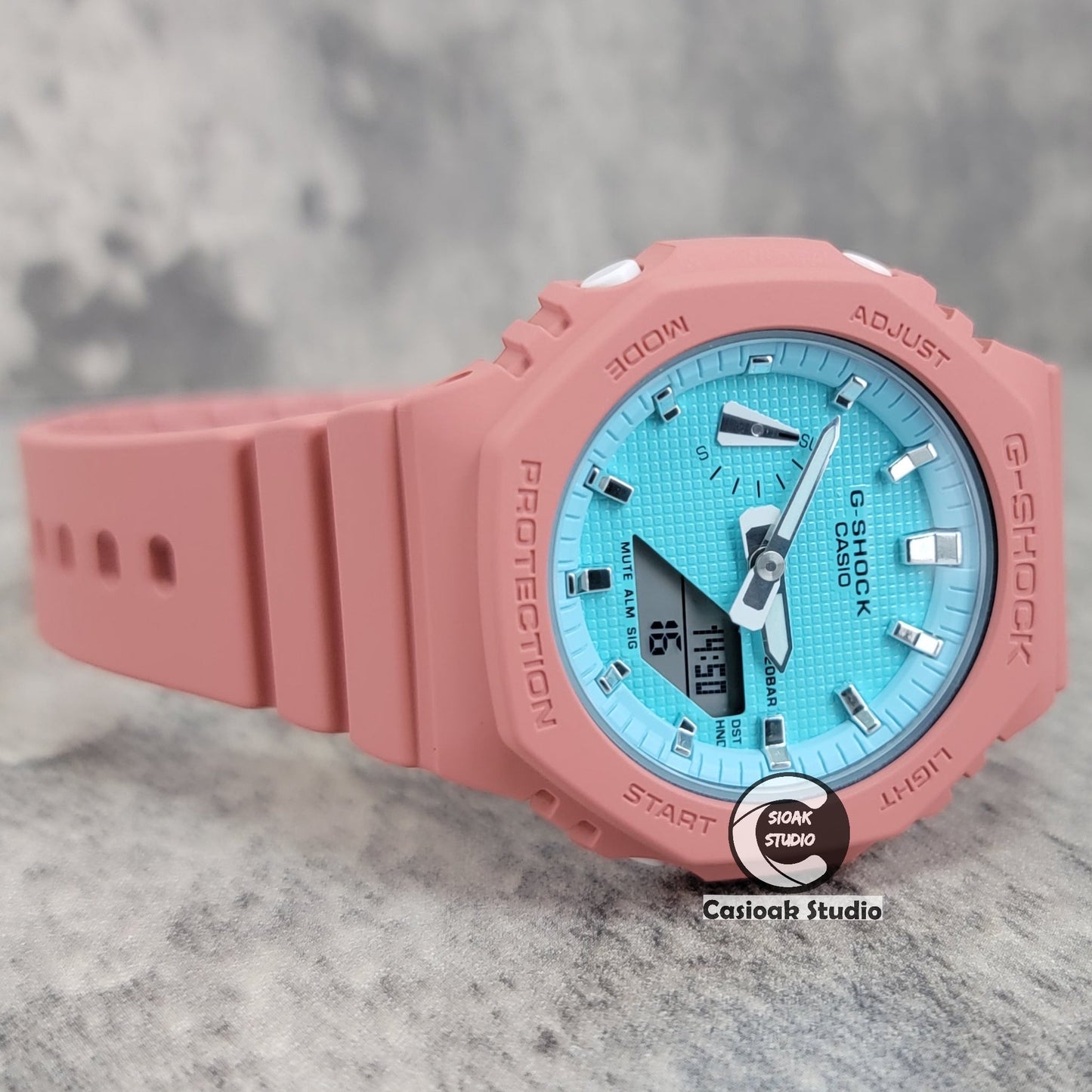 Casioak Mod Watch Pink Case Plastic Strap Tiff Silver Time Mark Tiff Blue Dial 42mm- Casioak Mod Casio G-Shock Royal Oak Custom Mens Luxury Watches Ga2100