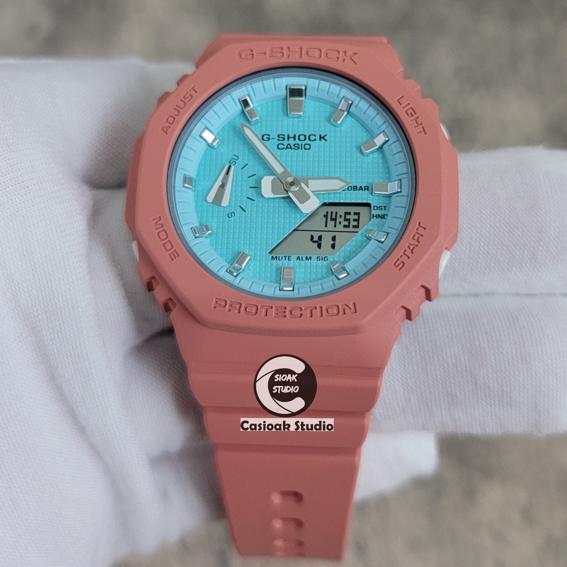 Casioak Mod Watch Pink Case Plastic Strap Tiff Silver Time Mark Tiff Blue Dial 42mm- Casioak Mod Casio G-Shock Royal Oak Custom Mens Luxury Watches Ga2100