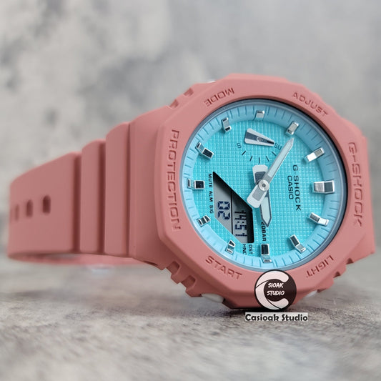 Casioak Mod Watch Pink Case Plastic Strap Tiff Silver Time Mark Tiff Blue Dial 42mm- Casioak Mod Casio G-Shock Royal Oak Custom Mens Luxury Watches Ga2100