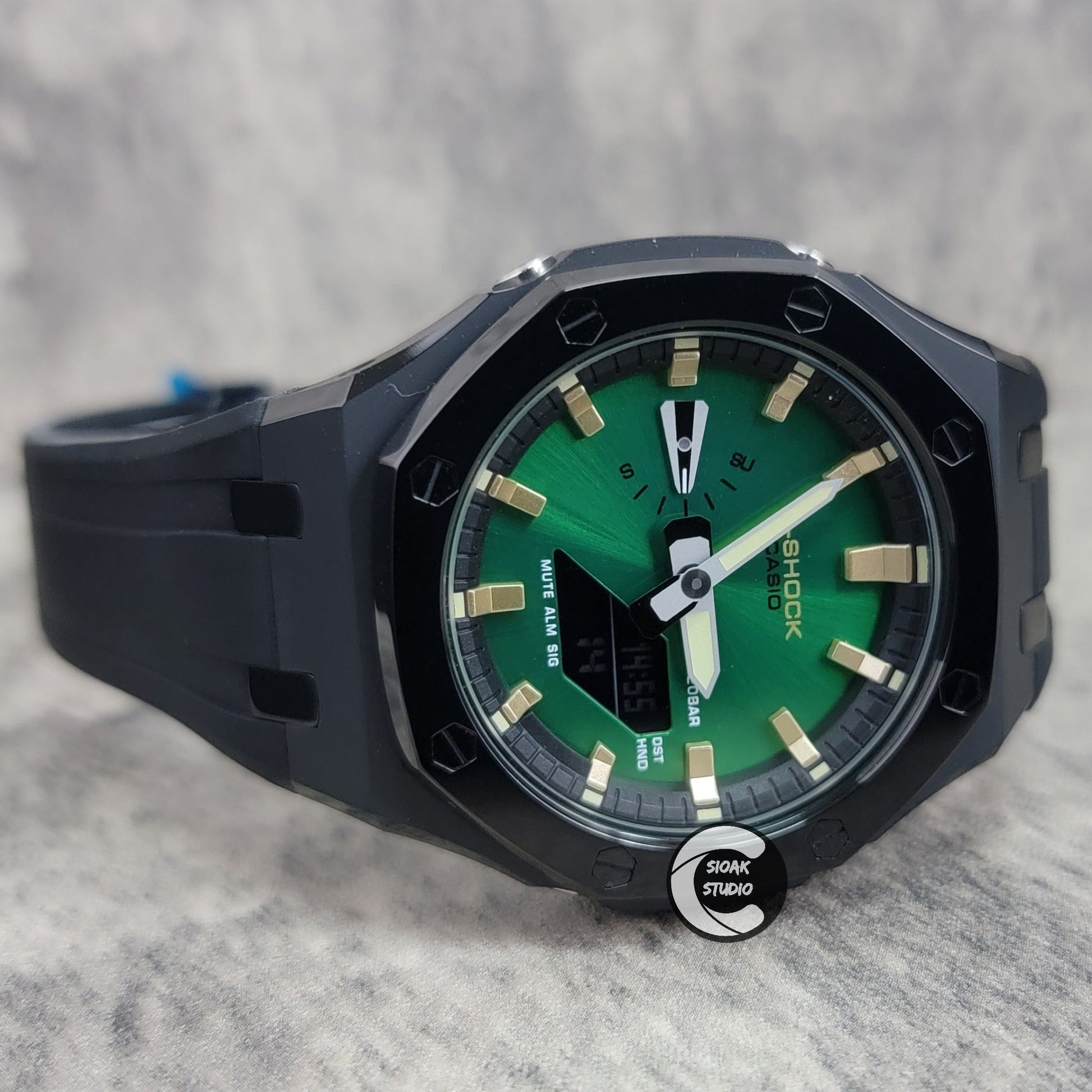 Casioak Mod Watch Polished Black Case Black Strap Black Gold Time Mark Green Dial 44mm- Casioak Mod Casio G-Shock Royal Oak Custom Mens Luxury Watches Ga2100