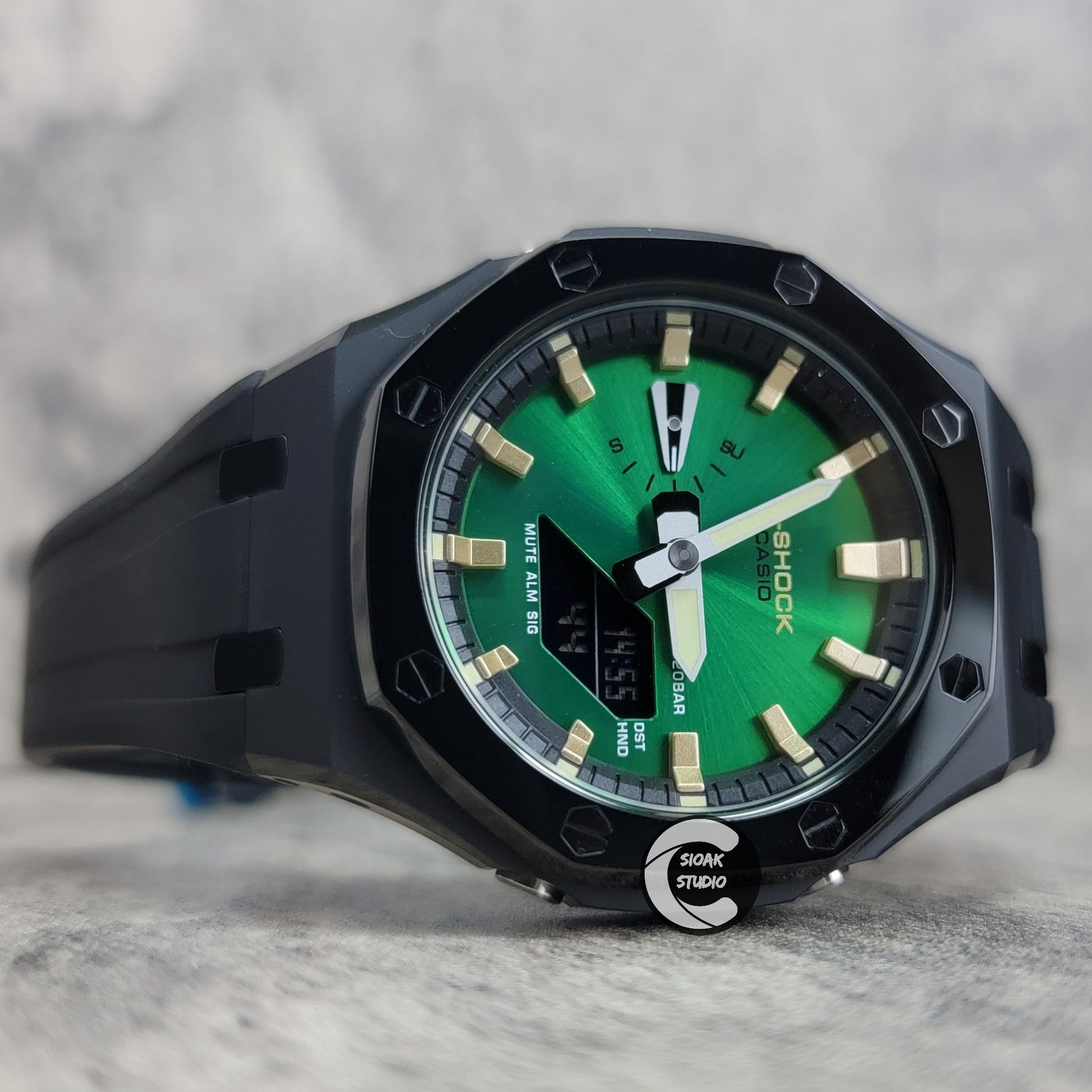 Casioak Mod Watch Polished Black Case Black Strap Black Gold Time Mark Green Dial 44mm- Casioak Mod Casio G-Shock Royal Oak Custom Mens Luxury Watches Ga2100