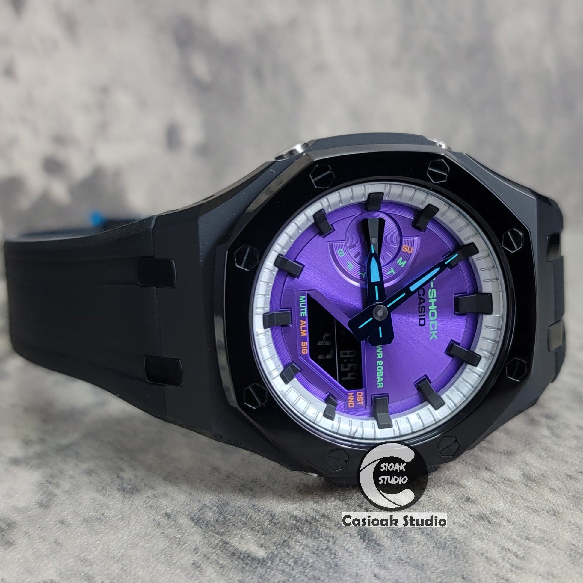 Casioak Mod Watch Polished Black Case Black Strap Silver Black Time Mark Purple Dial 44mm- Casioak Mod Casio G-Shock Royal Oak Custom Mens Luxury Watches Ga2100