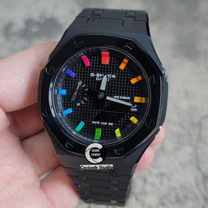 Casioak Mod Watch Polished Black Case Metal Strap Black Rainbow Time Mark Black Waffle Dial 44mm- Casioak Mod Casio G-Shock Royal Oak Custom Mens Luxury Watches Ga2100