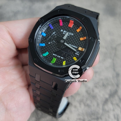 Casioak Mod Watch Polished Black Case Metal Strap Black Rainbow Time Mark Black Waffle Dial 44mm- Casioak Mod Casio G-Shock Royal Oak Custom Mens Luxury Watches Ga2100