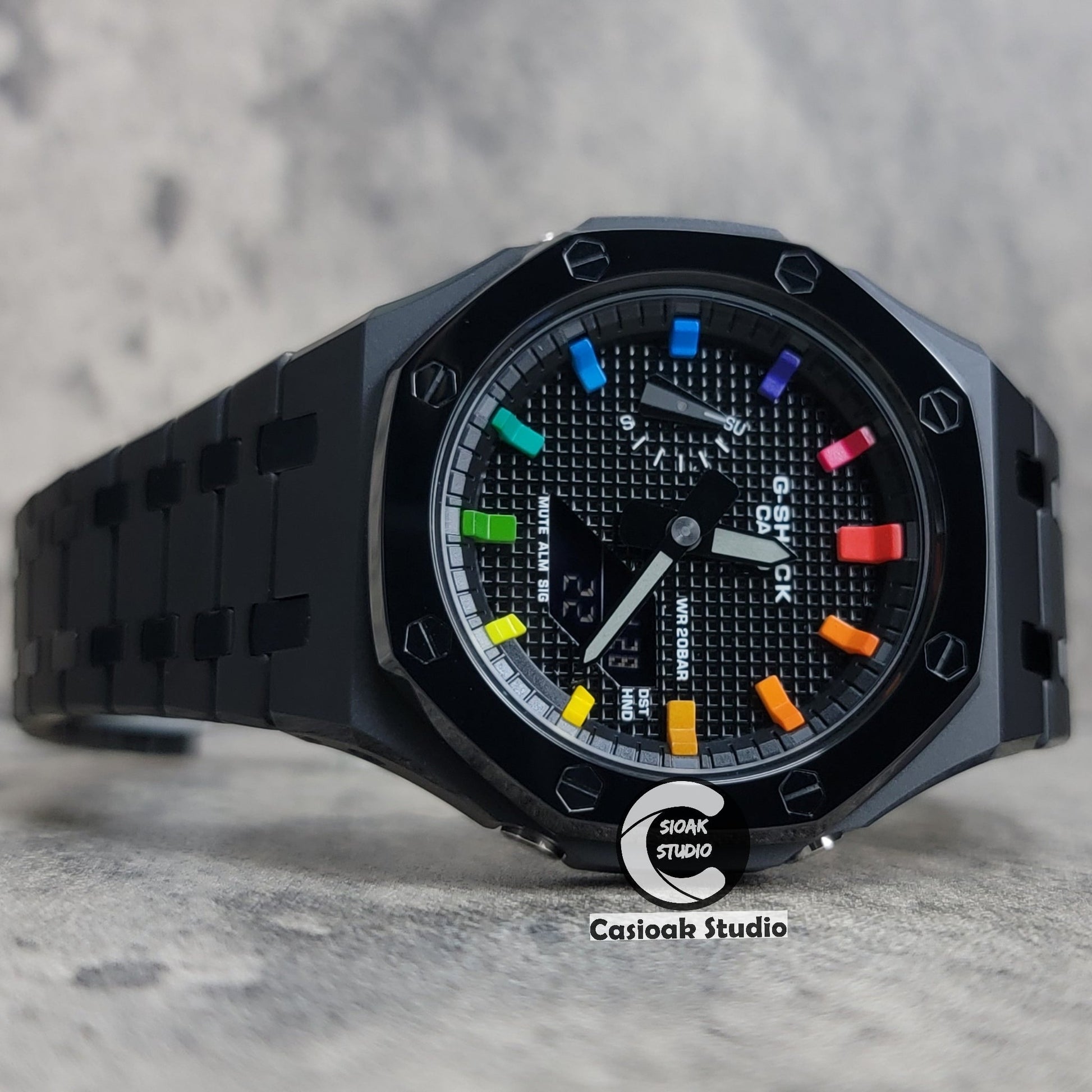 Casioak Mod Watch Polished Black Case Metal Strap Black Rainbow Time Mark Black Waffle Dial 44mm- Casioak Mod Casio G-Shock Royal Oak Custom Mens Luxury Watches Ga2100