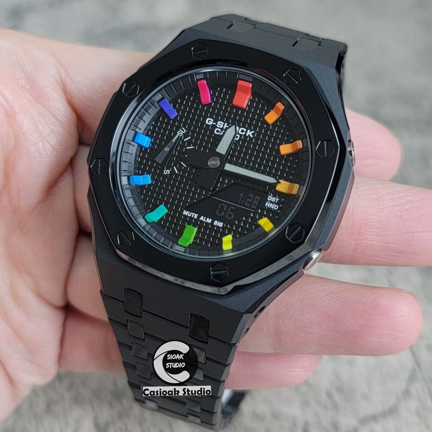 Casioak Mod Watch Polished Black Case Metal Strap Black Rainbow Time Mark Black Waffle Dial 44mm- Casioak Mod Casio G-Shock Royal Oak Custom Mens Luxury Watches Ga2100