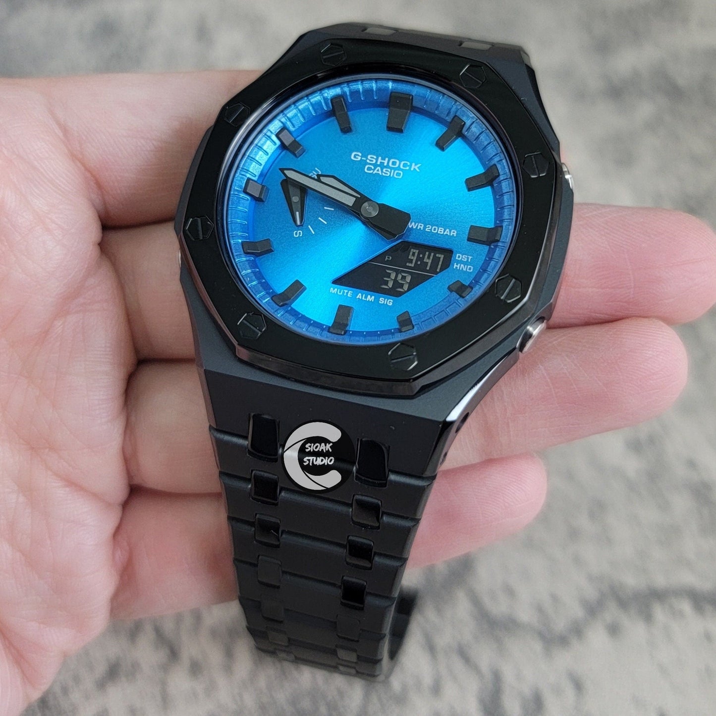 Casioak Mod Watch Polished Black Case Metal Strap Blue Black Time Mark Blue Metallic Dial 44mm- Casioak Mod Casio G-Shock Royal Oak Custom Mens Luxury Watches Ga2100