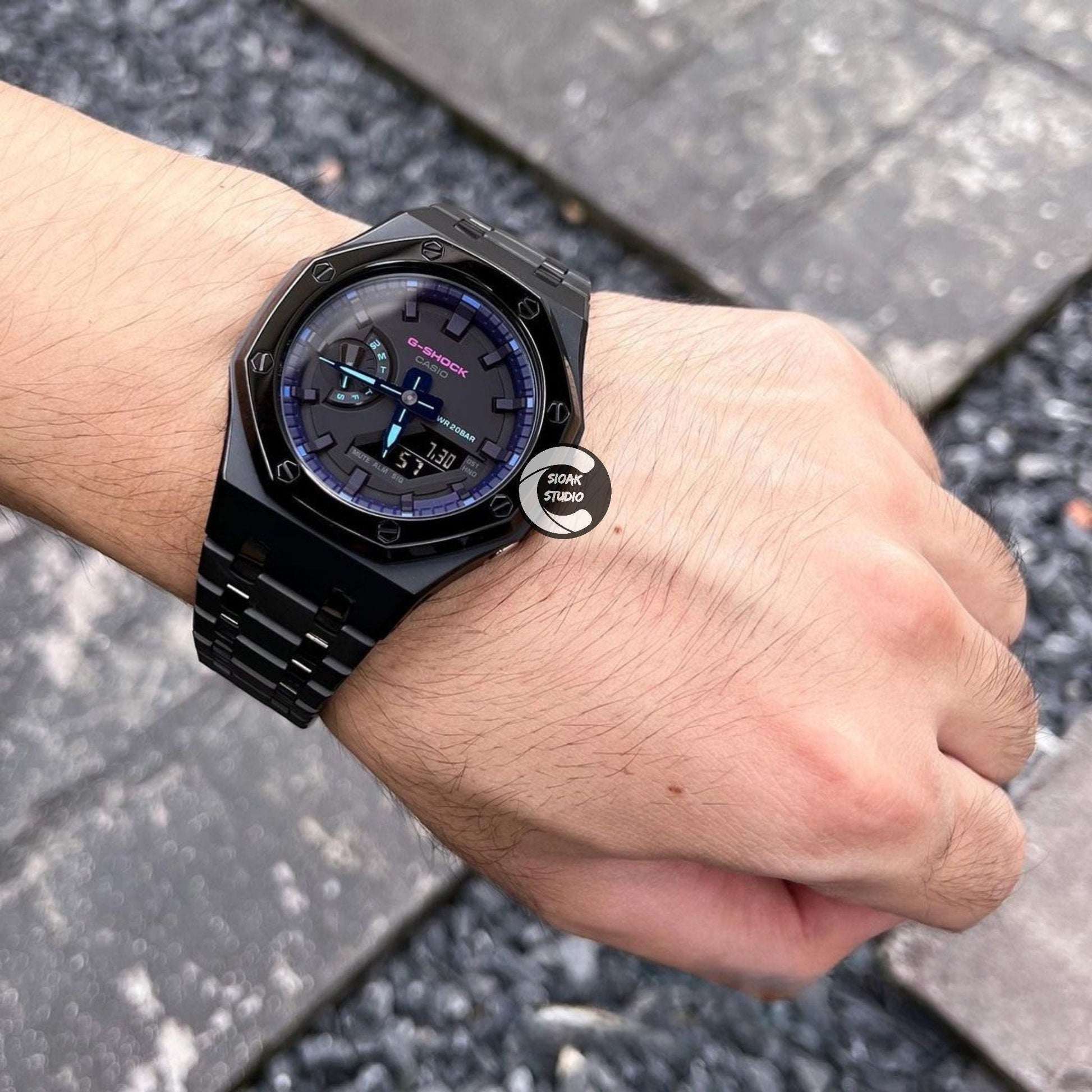 Casioak Mod Watch Polished Black Case Metal Strap Purple Black Time Mark Black Dial 44mm- Casioak Mod Casio G-Shock Royal Oak Custom Mens Luxury Watches Ga2100