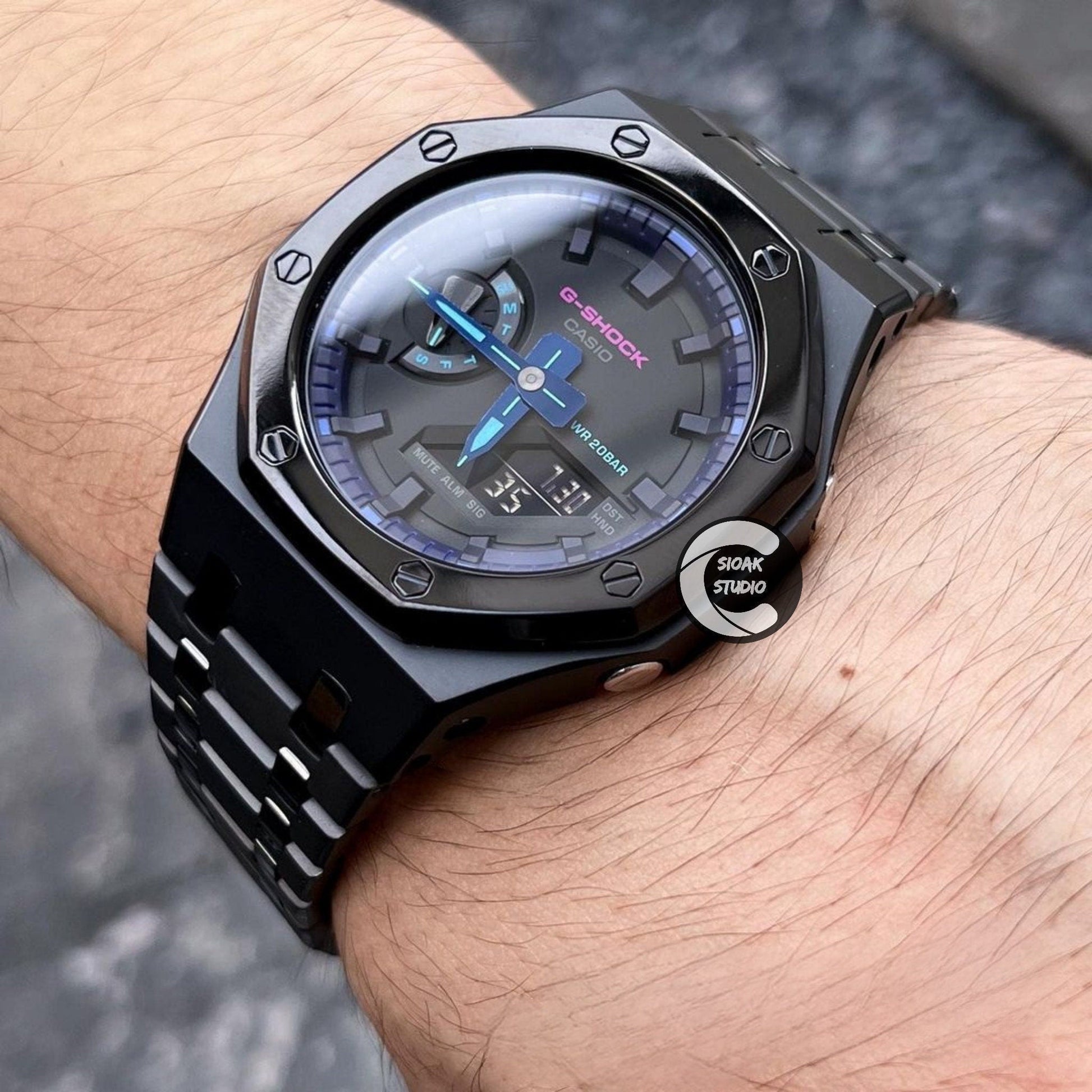 Casioak Mod Watch Polished Black Case Metal Strap Purple Black Time Mark Black Dial 44mm- Casioak Mod Casio G-Shock Royal Oak Custom Mens Luxury Watches Ga2100