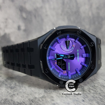 Casioak Mod Watch Polished Black Case Metal Strap Purple Time Mark Purple Dial 44mm- Casioak Mod Casio G-Shock Royal Oak Custom Mens Luxury Watches Ga2100