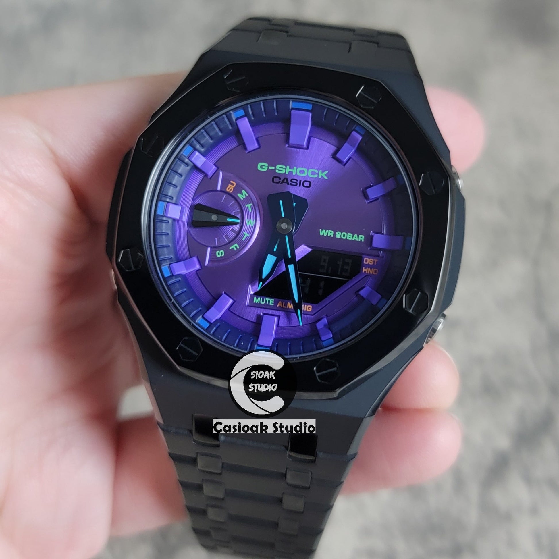 Casioak Mod Watch Polished Black Case Metal Strap Purple Time Mark Purple Dial 44mm- Casioak Mod Casio G-Shock Royal Oak Custom Mens Luxury Watches Ga2100